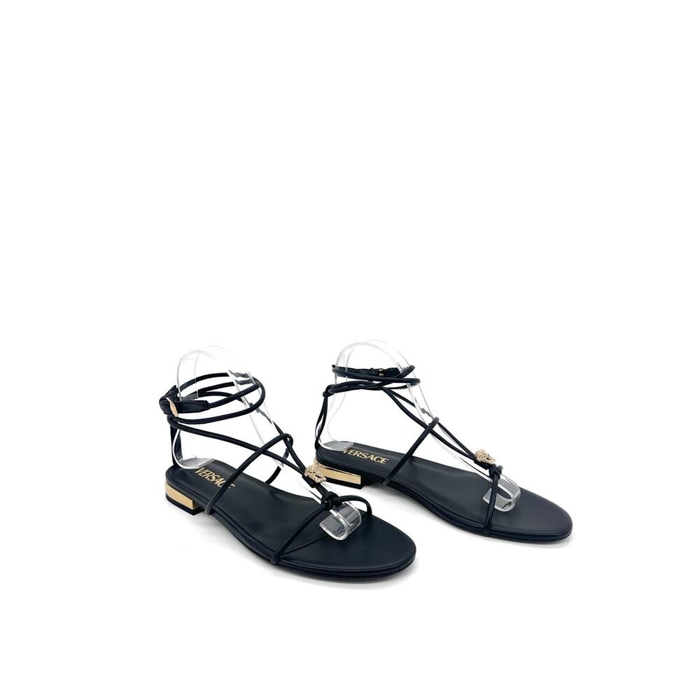 NIB Versace Gold Medusa Sandals EU 38.5 US 8.5 Black Leather Ankle Strap $995
